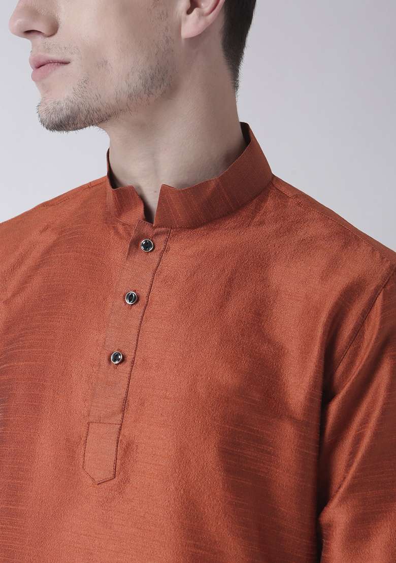 Rust Brown Solid Silk Blend Kurta Set For Men - Indya