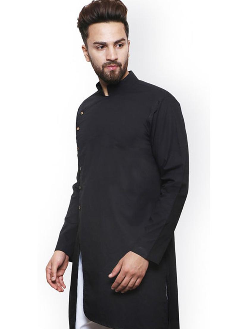 Black Solid Cotton Kurta For Men