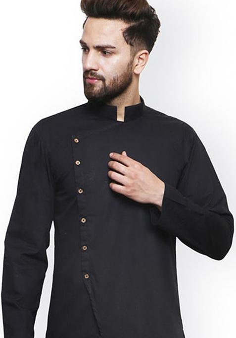 Black Solid Cotton Kurta For Men