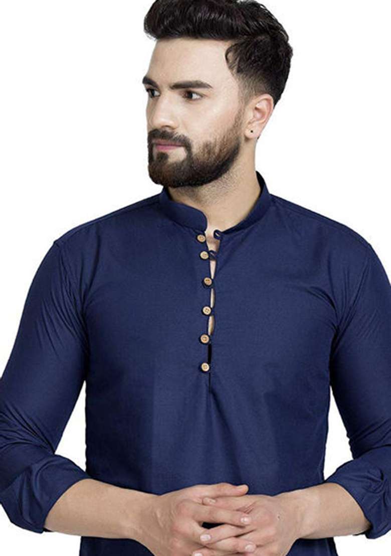 Navy Blue Solid Cotton Kurta For Men - Indya