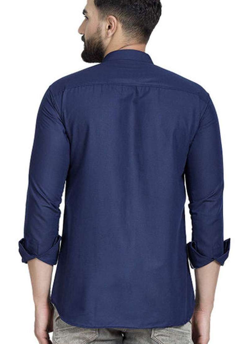 Navy Blue Solid Cotton Kurta For Men - Indya