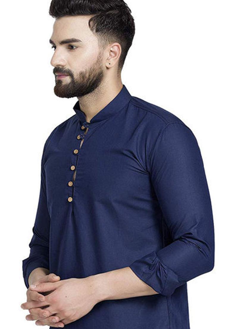Navy Blue Solid Cotton Kurta For Men