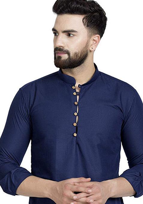 Navy Blue Solid Cotton Kurta For Men
