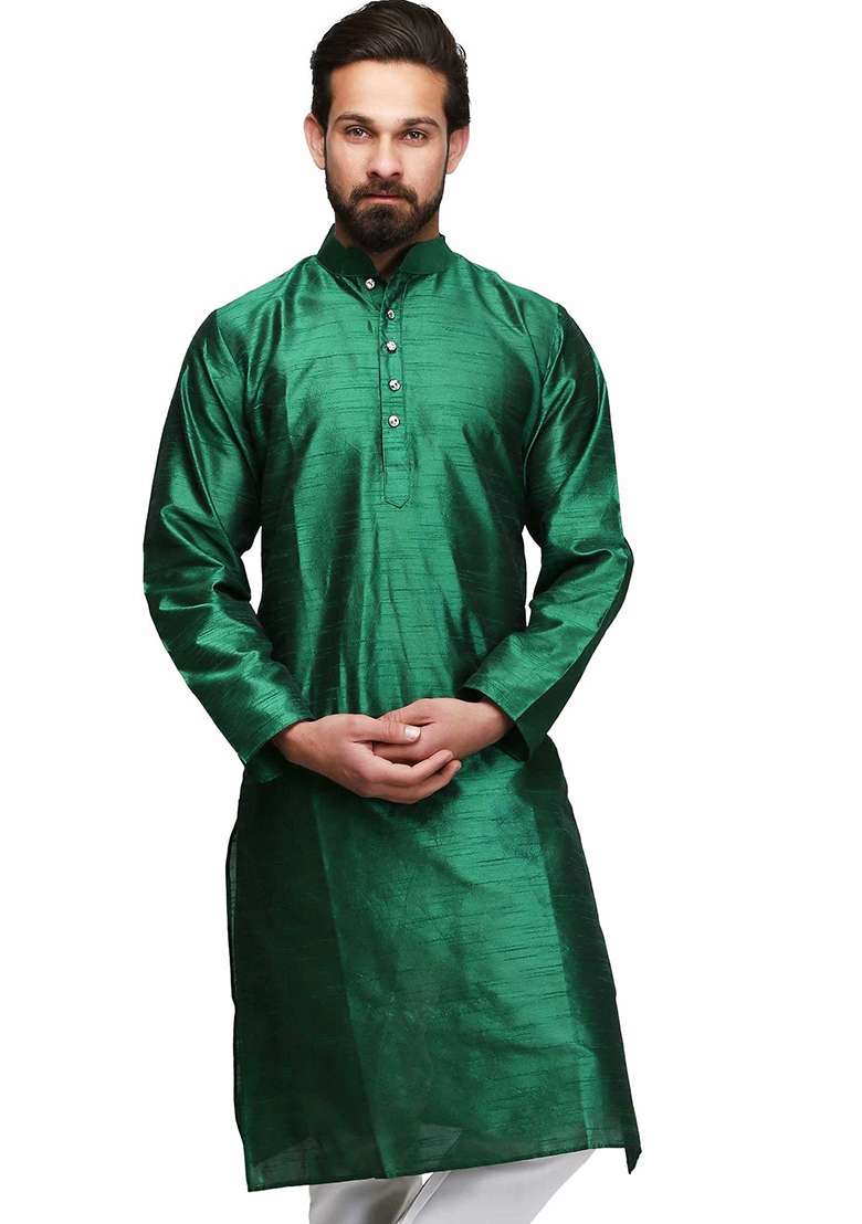 Green Solid Silk Blend Kurta Set For Men - Indya