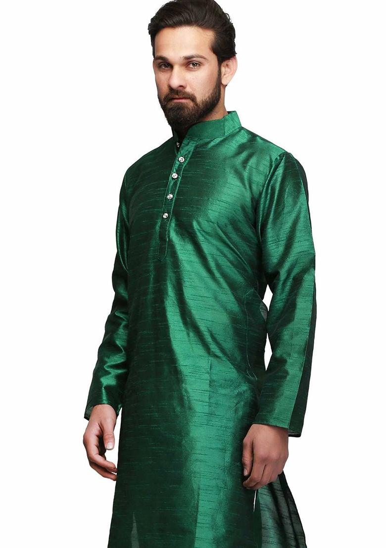 Green Solid Silk Kurta Set For Men