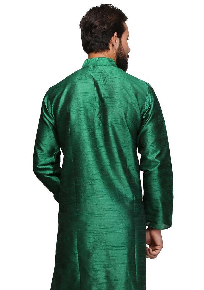 Green Solid Silk Blend Kurta Set For Men - Indya