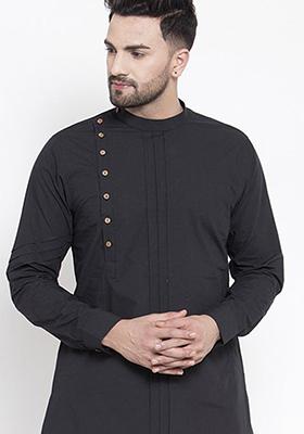 Black Solid Cotton Kurta For Men
