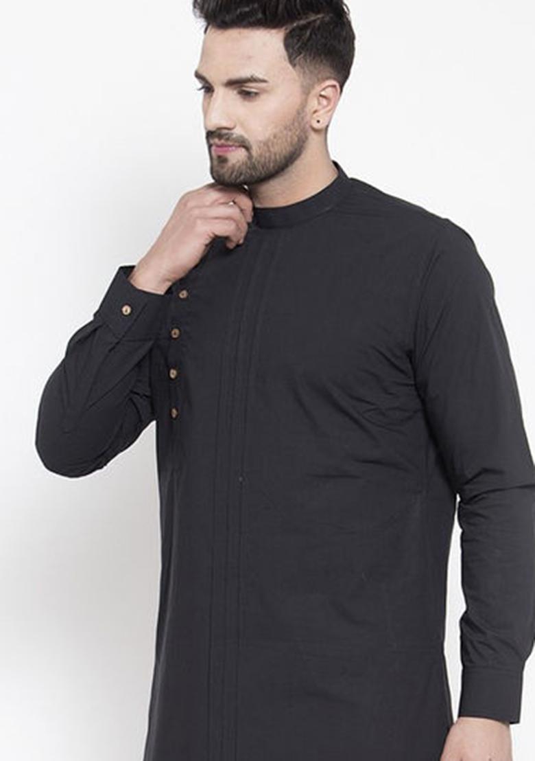 Black Solid Cotton Kurta For Men