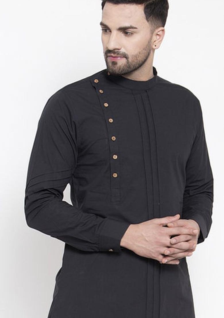 Black Solid Cotton Kurta For Men
