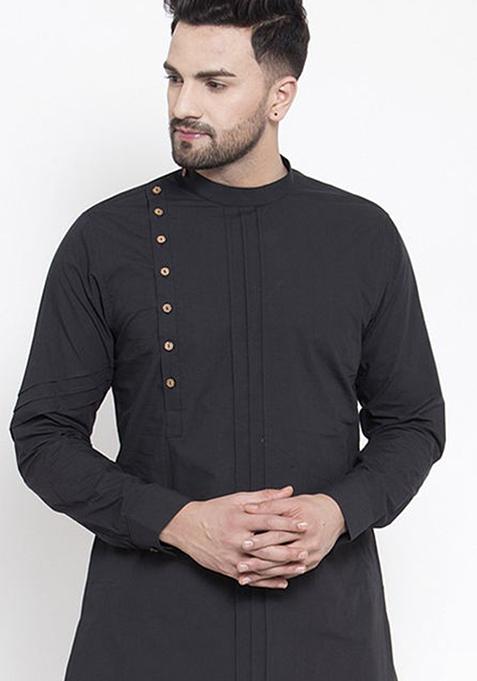 Black Solid Cotton Kurta For Men