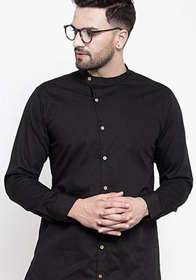 Black Solid Cotton Kurta For Men