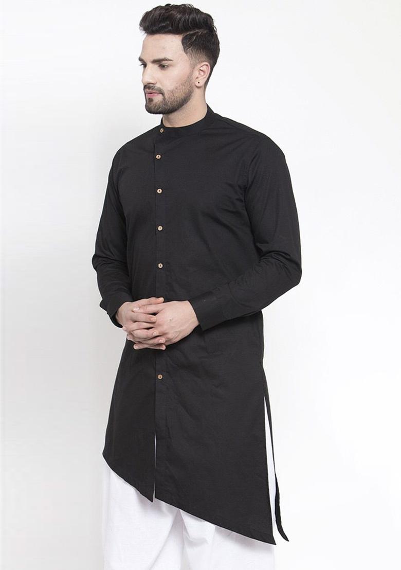 Black Solid Cotton Kurta For Men