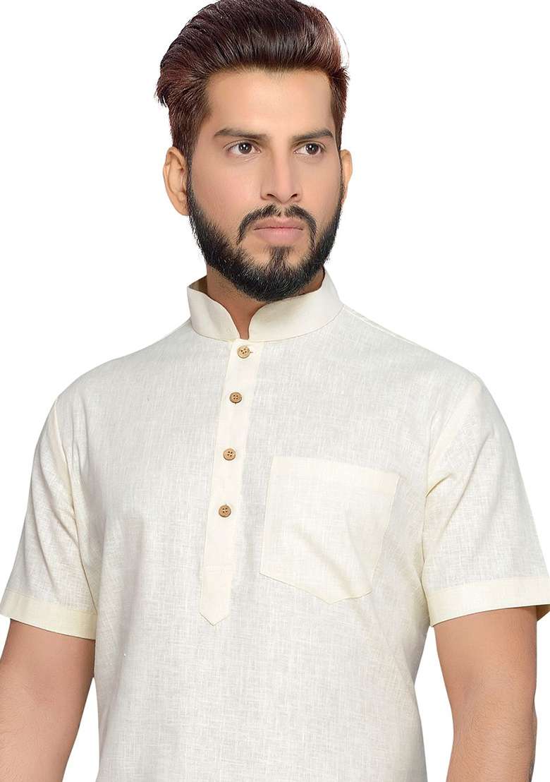 Lemon Cream Solid Cotton Kurta For Men - Indya