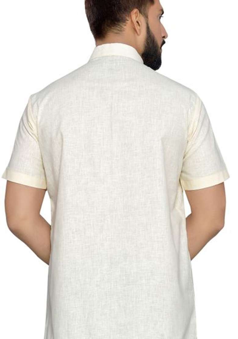 Lemon Cream Solid Cotton Kurta For Men - Indya