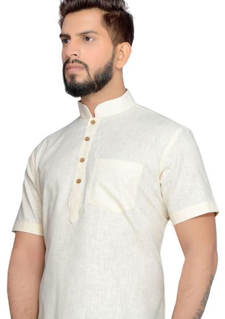 Lemon Cream Solid Cotton Kurta For Men