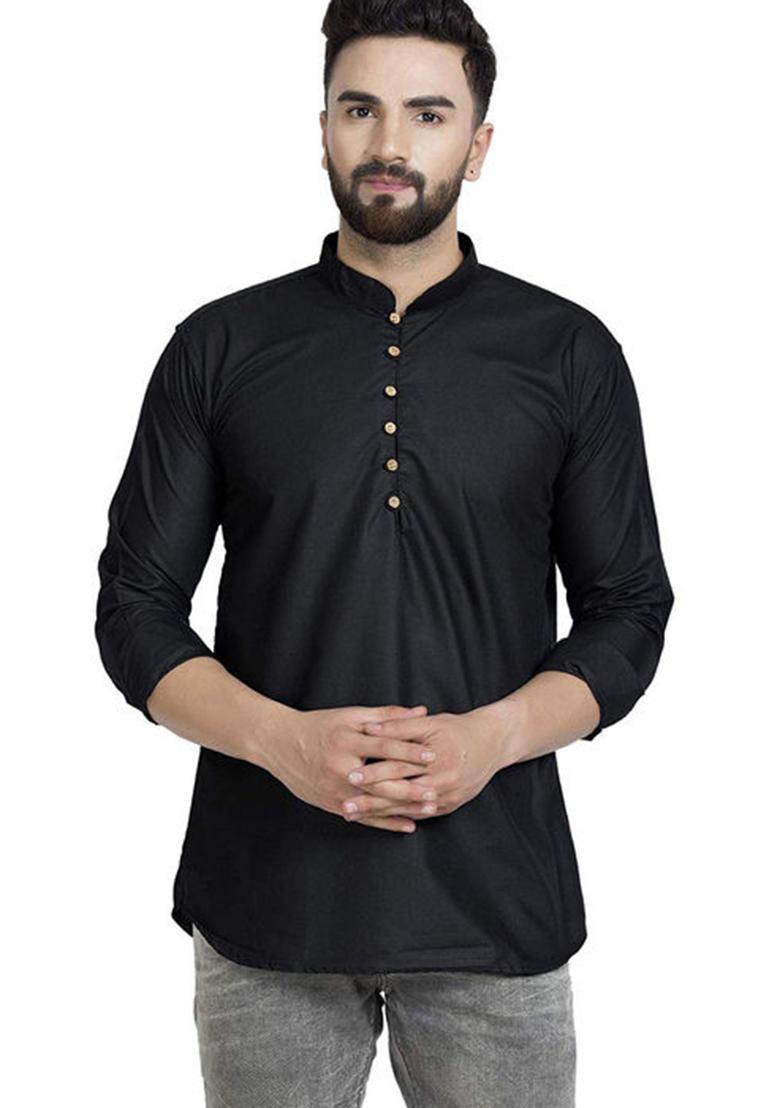 Black Solid Cotton Kurta For Men