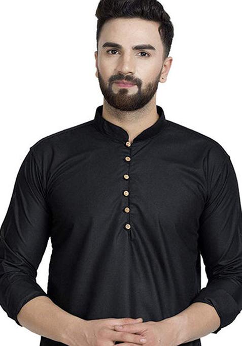 Black Solid Cotton Kurta For Men