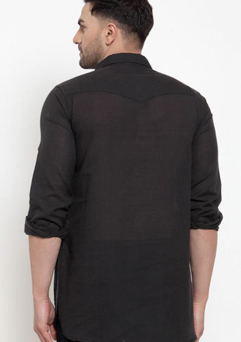 Black Embroidered Cotton Kurta For Men