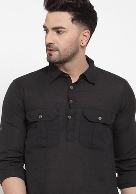 Black Embroidered Cotton Kurta For Men