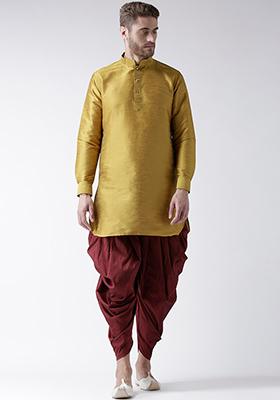 Yellow Solid Silk Kurta Set For Men
