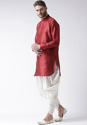 Maroon Solid Silk Kurta Set For Men