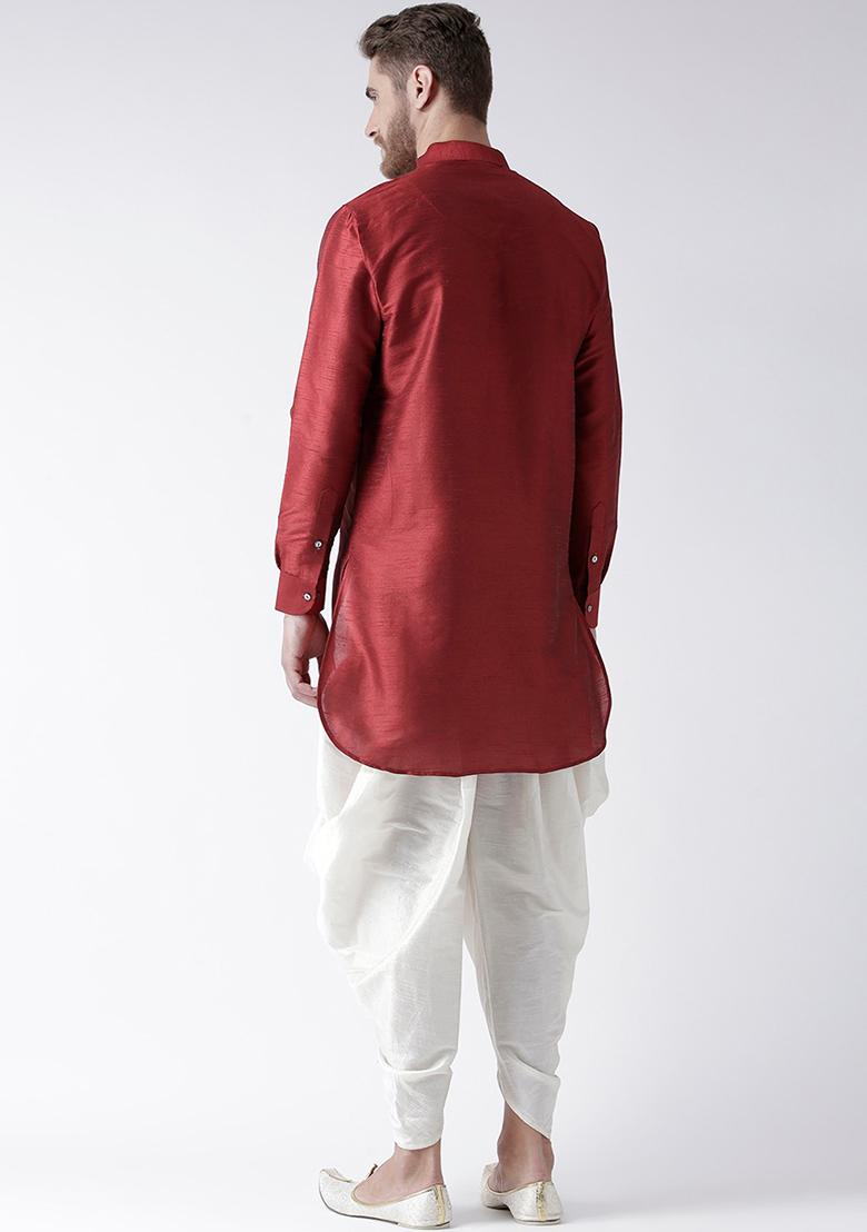 Maroon Solid Silk Kurta Set For Men