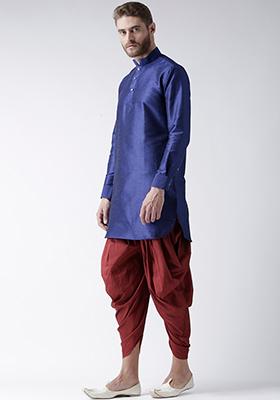 Blue Solid Silk Kurta Set For Men