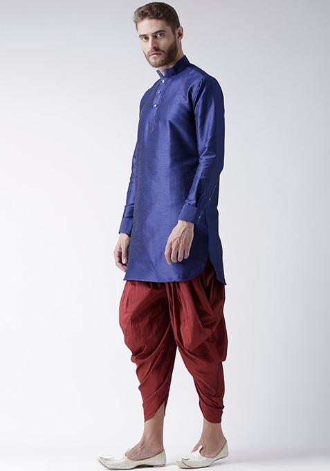 Blue Solid Silk Kurta Set For Men