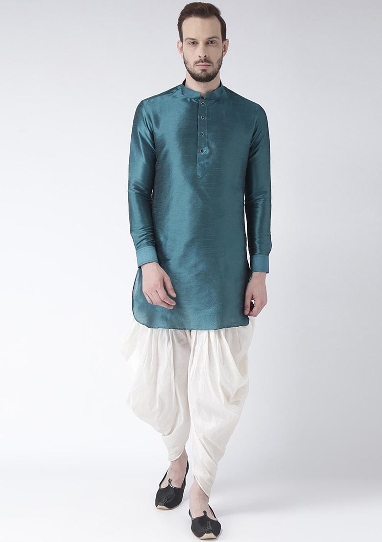 Rama Green Solid Silk Kurta Set For Men
