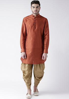 Rust Brown Solid Silk Kurta Set For Men