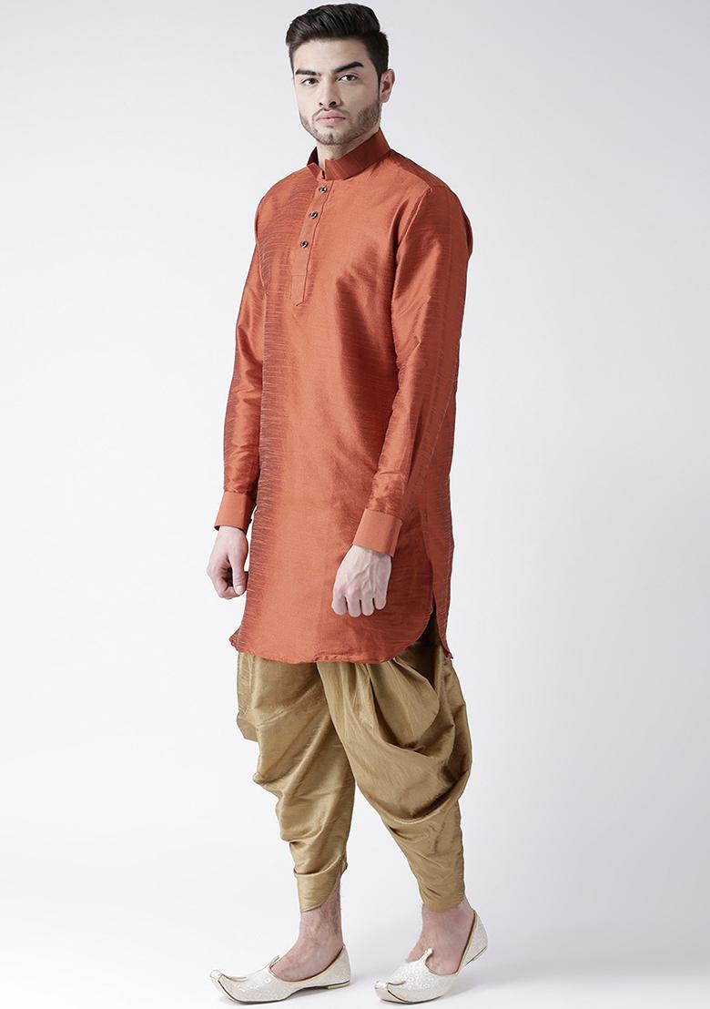 Rust Brown Solid Silk Kurta Set For Men