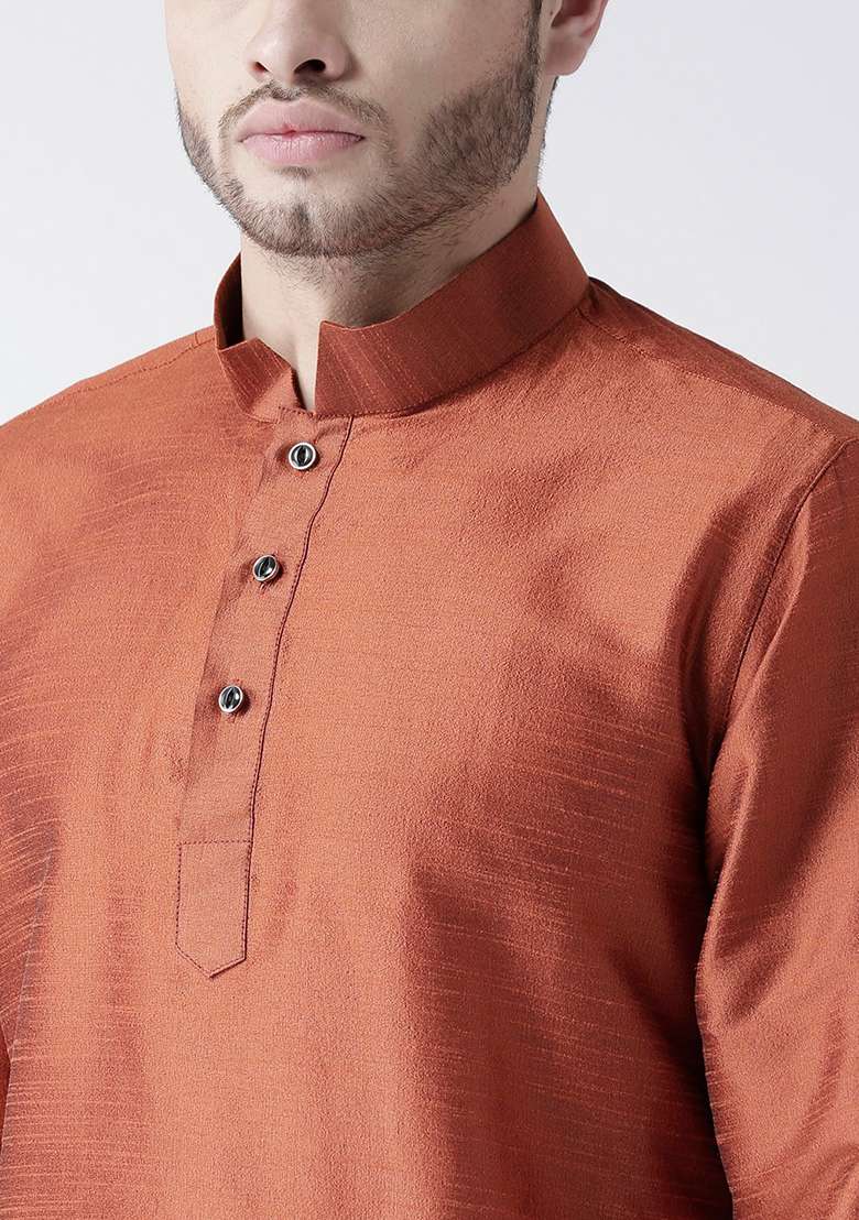 Rust Brown Solid Silk Blend Kurta Set For Men - Indya