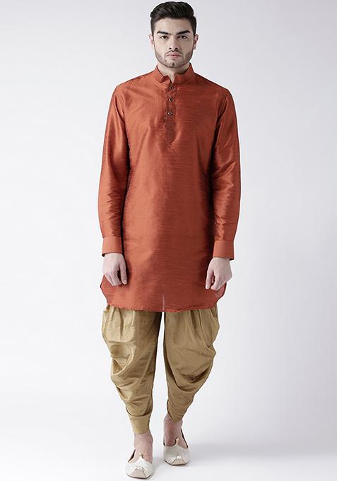 Rust Brown Solid Silk Kurta Set For Men
