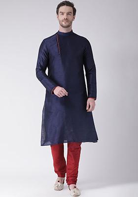 Navy Blue Solid Silk Kurta Set For Men