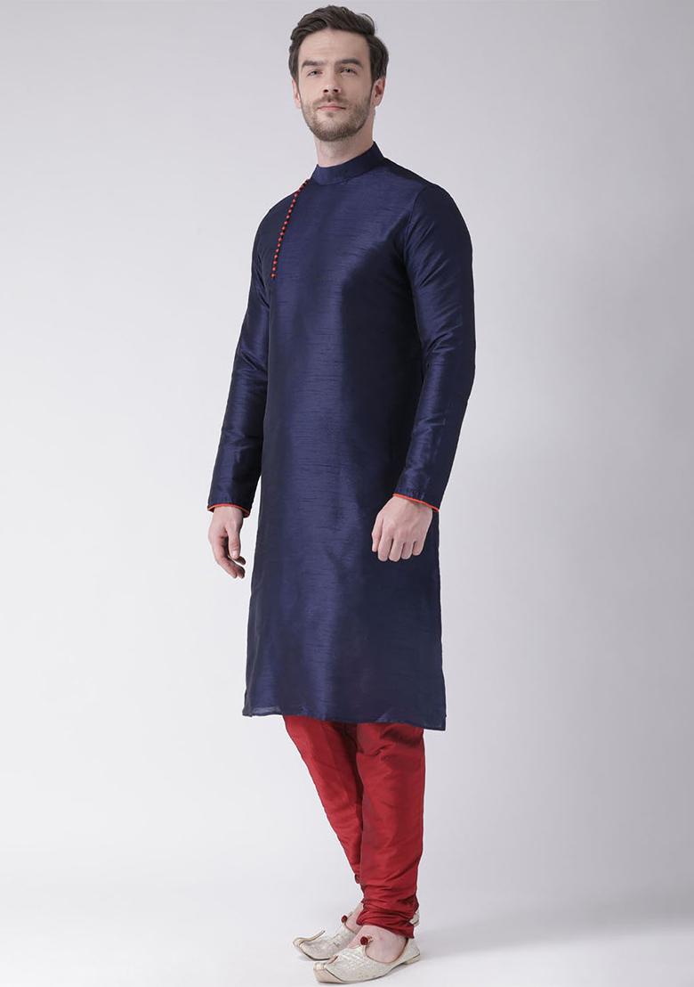 Navy Blue Solid Silk Kurta Set For Men