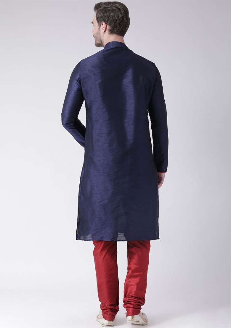 Navy Blue Solid Silk Blend Kurta Set For Men - Indya
