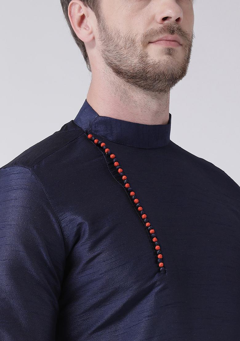 Navy Blue Solid Silk Kurta Set For Men