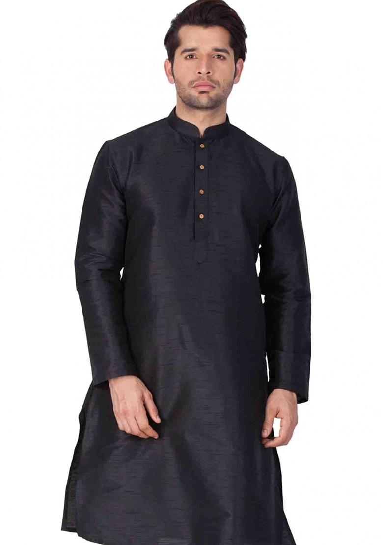 Black Solid Silk Kurta Set For Men