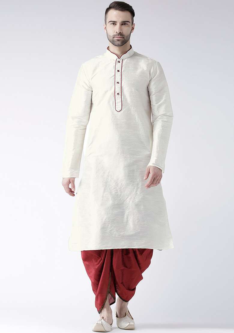 Off White Solid Silk Blend Kurta Set For Men - Indya