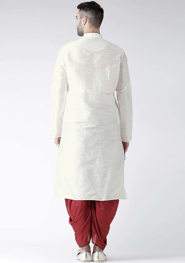 Off White Solid Silk Blend Kurta Set For Men - Indya