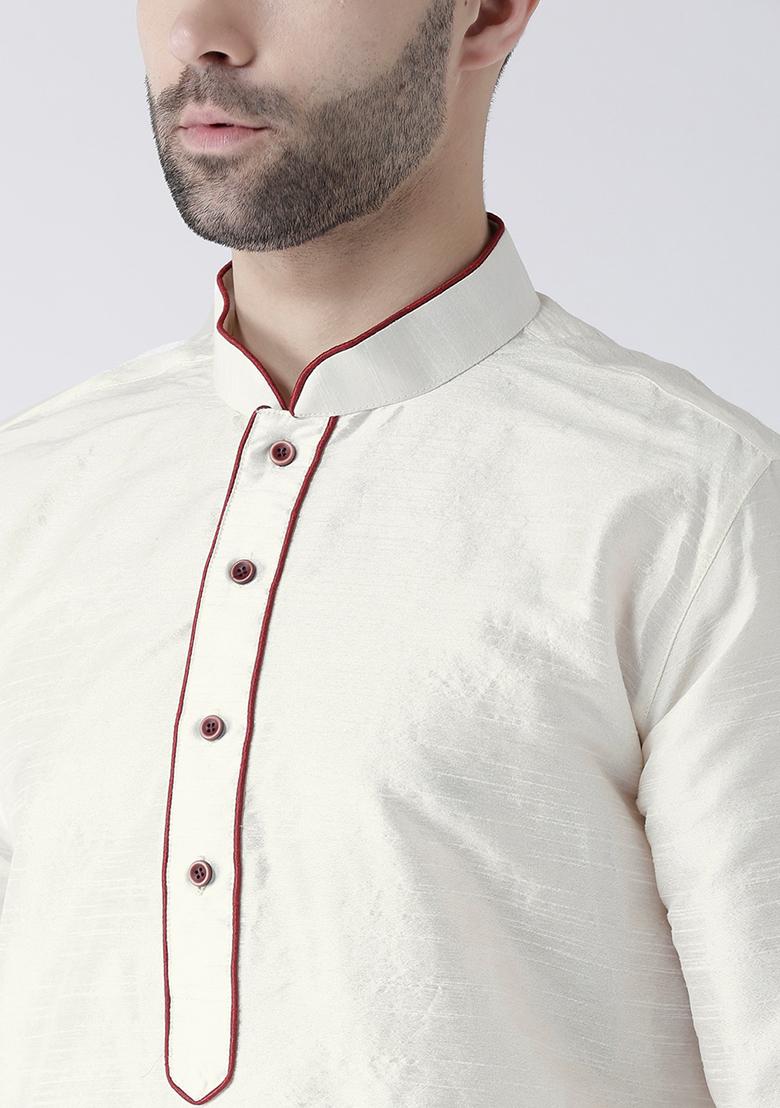 Off White Solid Silk Kurta Set For Men