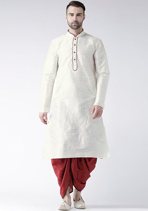 Off White Solid Silk Kurta Set For Men