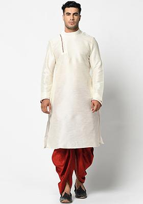 Cream Solid Silk Kurta Set For Men