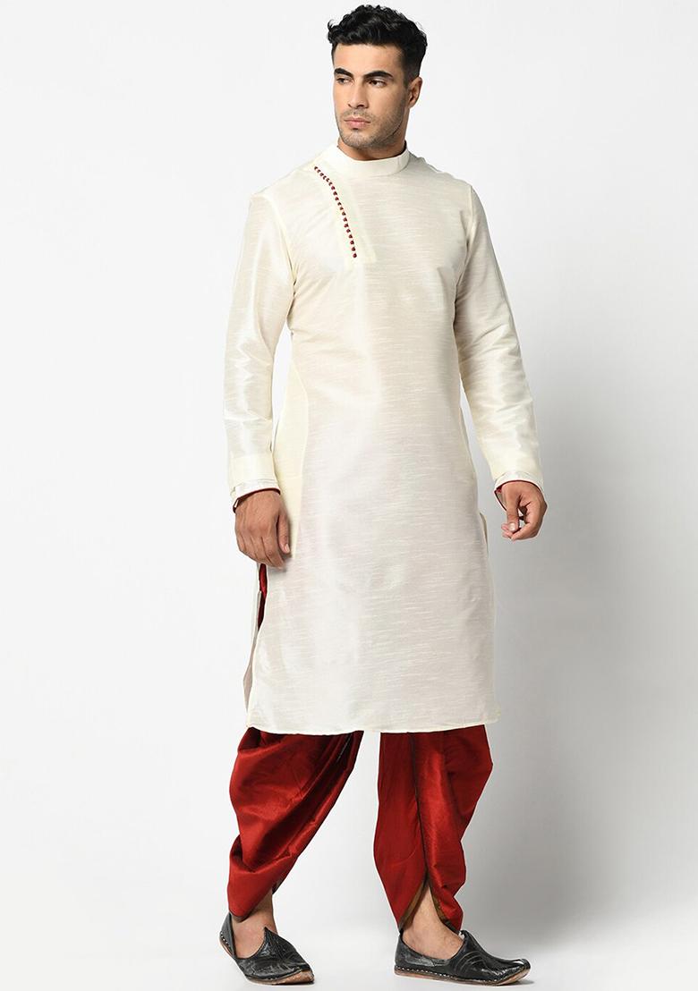 Cream Solid Silk Kurta Set For Men