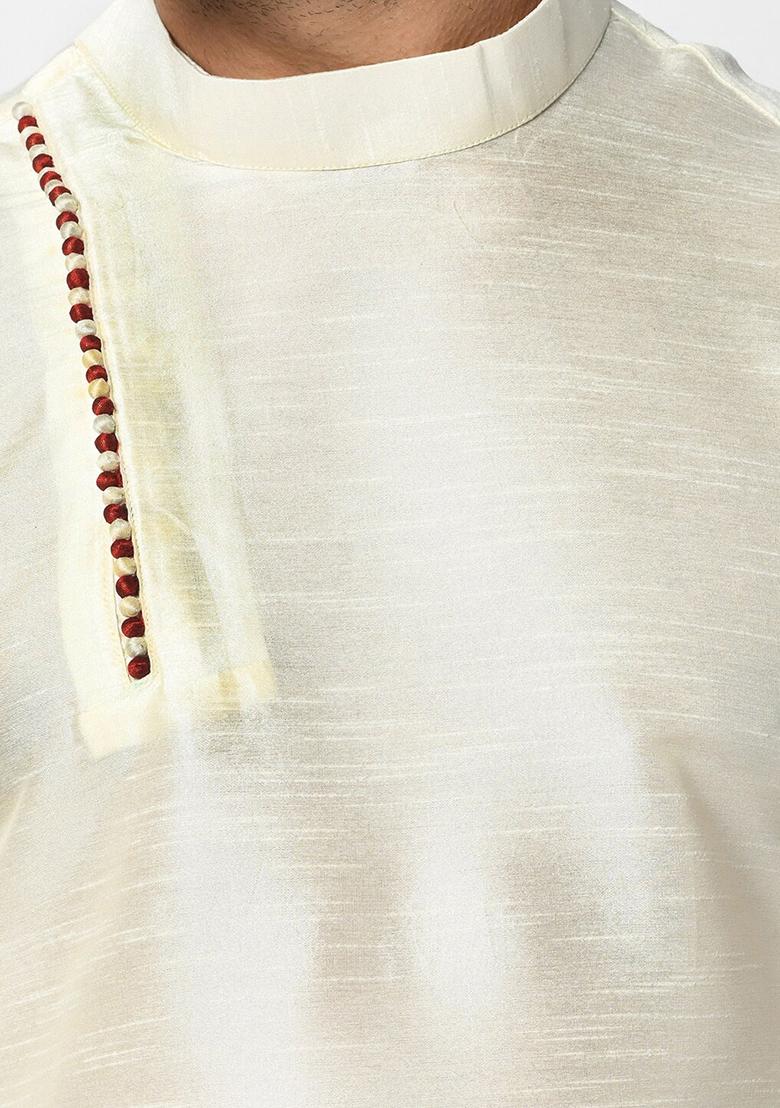Cream Solid Silk Kurta Set For Men