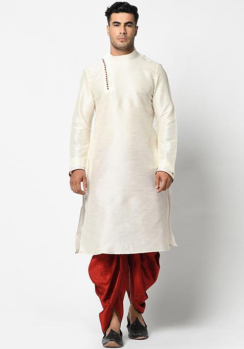 Cream Solid Silk Kurta Set For Men