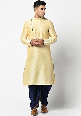 Fawn Yellow Solid Silk Kurta Set For Men