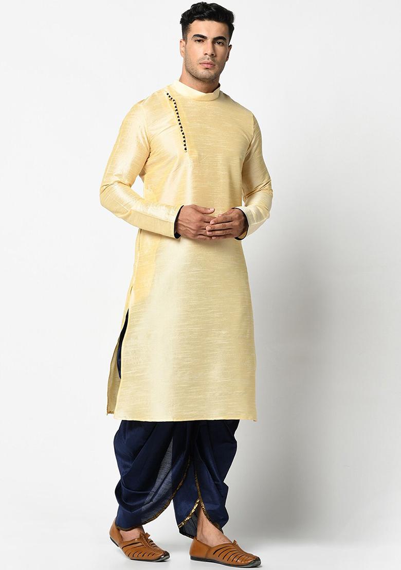 Fawn Yellow Solid Silk Kurta Set For Men - Indya