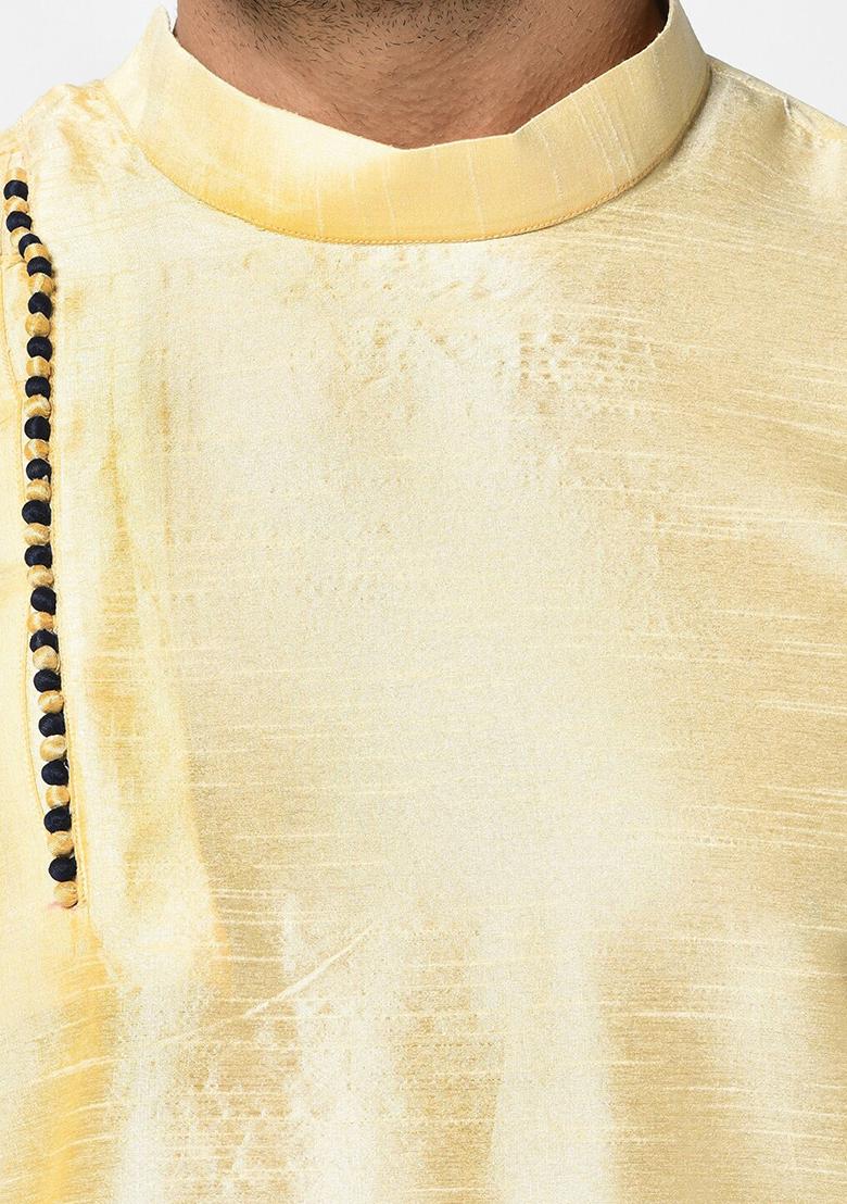 Fawn Yellow Solid Silk Kurta Set For Men - Indya