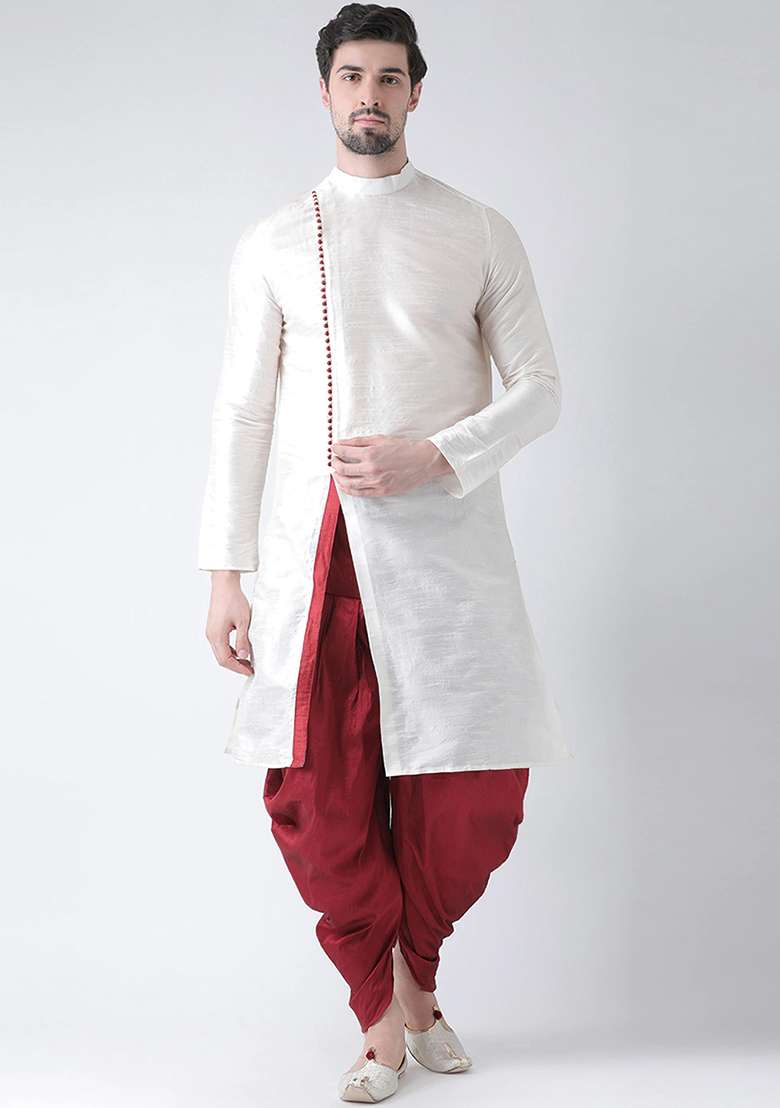 Off White Solid Silk Blend Kurta Set For Men - Indya